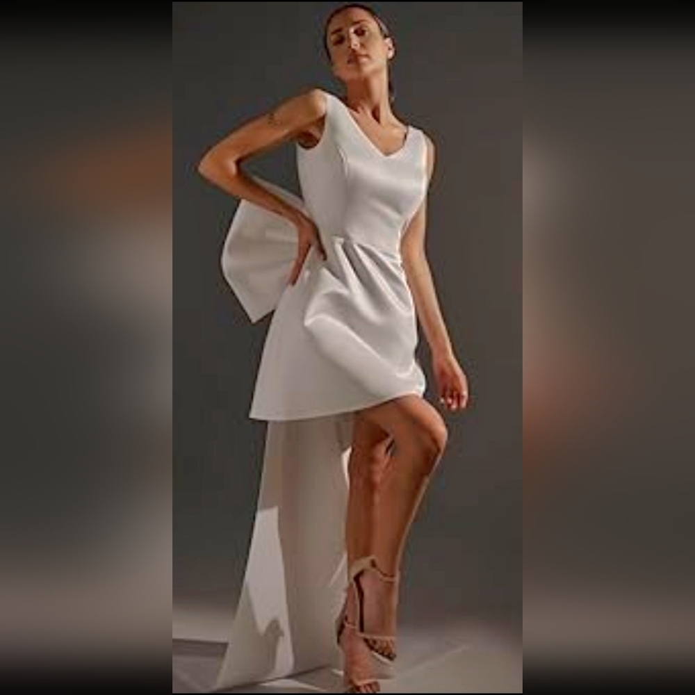 Miss Veil White Satin Bridal Mini Dress Bow Train XL NWT